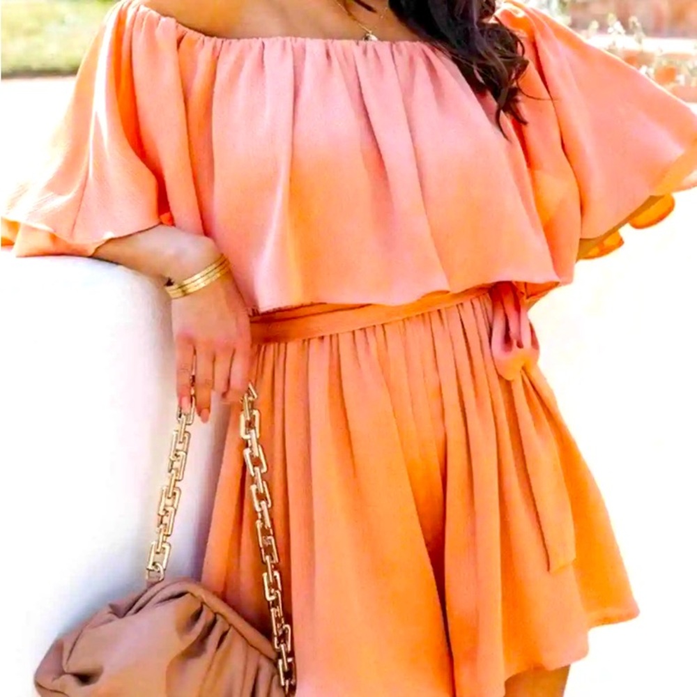 Sunset in Cabo Off the Shoulder Romper in Apricot